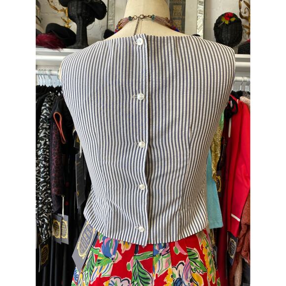 vintage 1960s pinstriped sleeveless top button back chambray white seersucker 34 - Picture 3 of 9